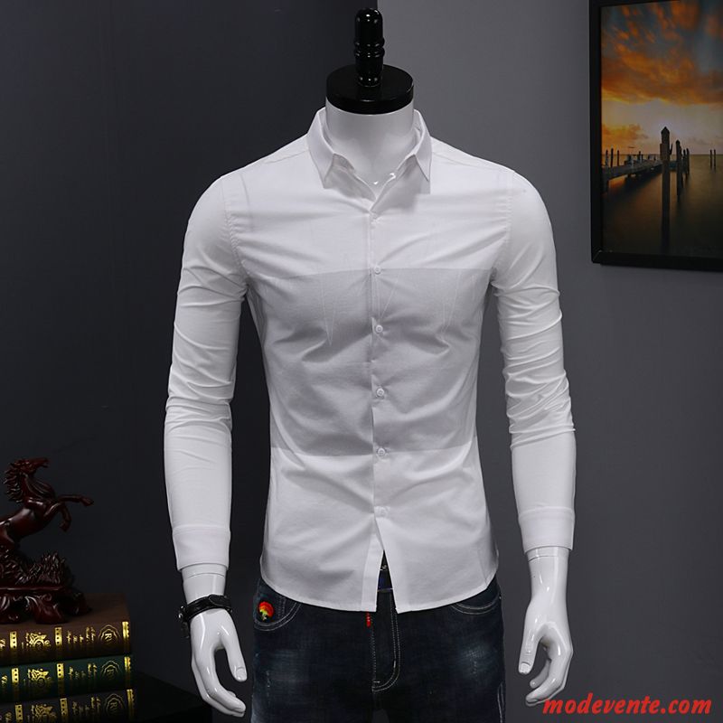 Chemise Homme De Travail Slim Tendance Longues Décontractée Jeunesse Impression Blanc Vert