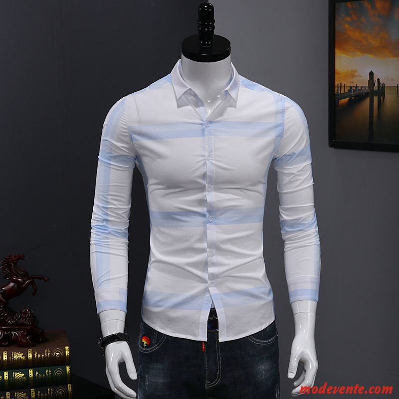 Chemise Homme De Travail Slim Tendance Longues Décontractée Jeunesse Impression Blanc Vert