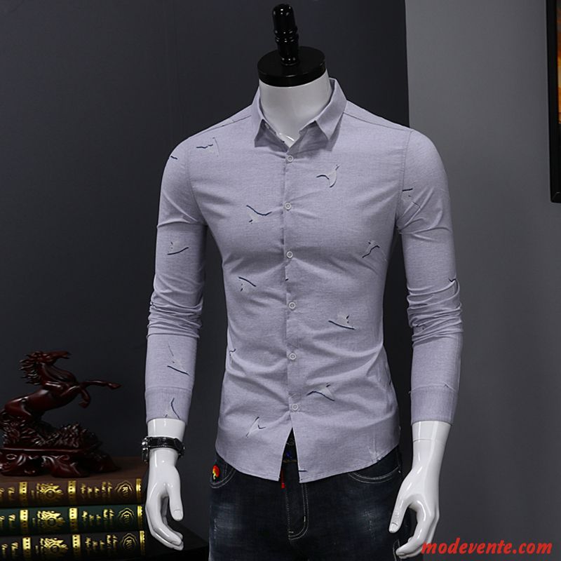 Chemise Homme De Travail Slim Tendance Longues Décontractée Jeunesse Impression Blanc Vert