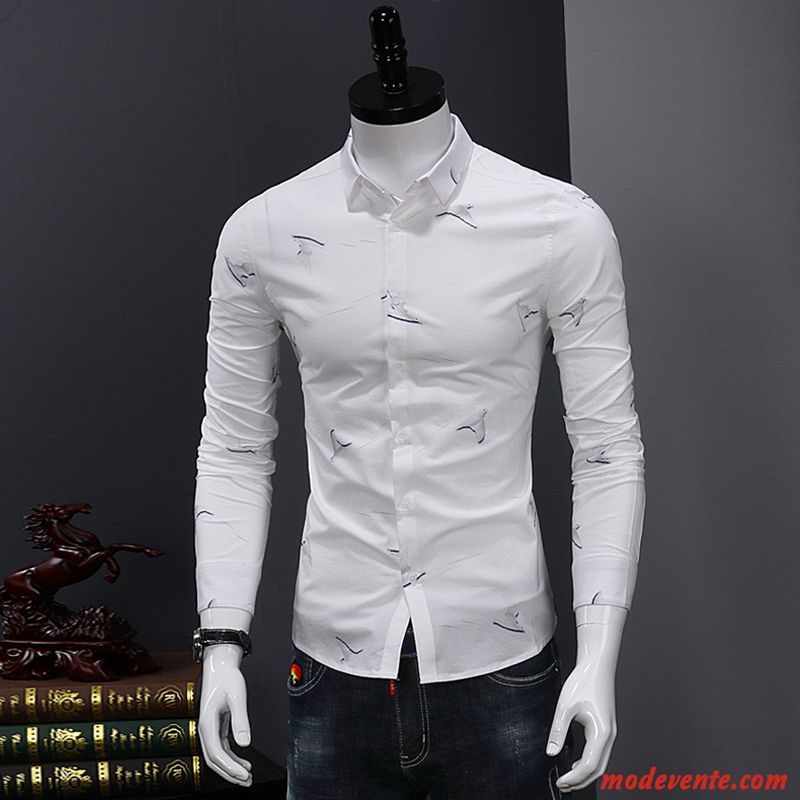 Chemise Homme De Travail Slim Tendance Longues Décontractée Jeunesse Impression Blanc Vert