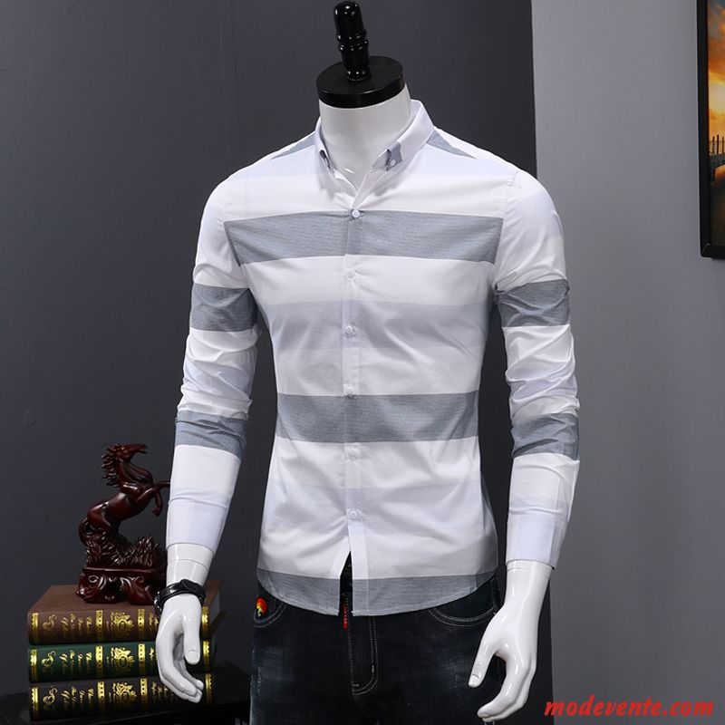 Chemise Homme De Travail Slim Tendance Longues Décontractée Jeunesse Impression Blanc Vert