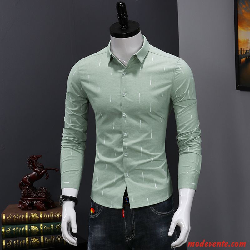 Chemise Homme De Travail Slim Tendance Longues Décontractée Jeunesse Impression Blanc Vert