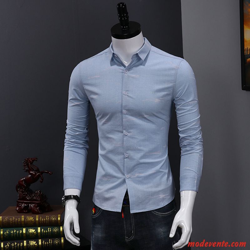 Chemise Homme De Travail Slim Tendance Longues Décontractée Jeunesse Impression Blanc Vert