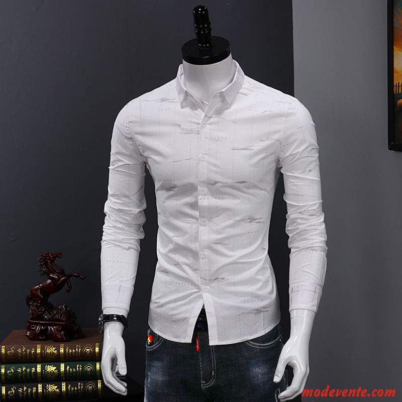 Chemise Homme De Travail Slim Tendance Longues Décontractée Jeunesse Impression Blanc Vert