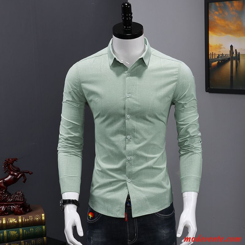 Chemise Homme De Travail Slim Tendance Longues Décontractée Jeunesse Impression Blanc Vert