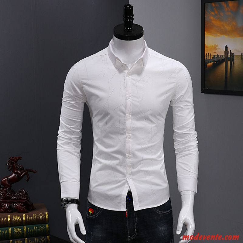 Chemise Homme De Travail Slim Tendance Longues Décontractée Jeunesse Impression Blanc Vert