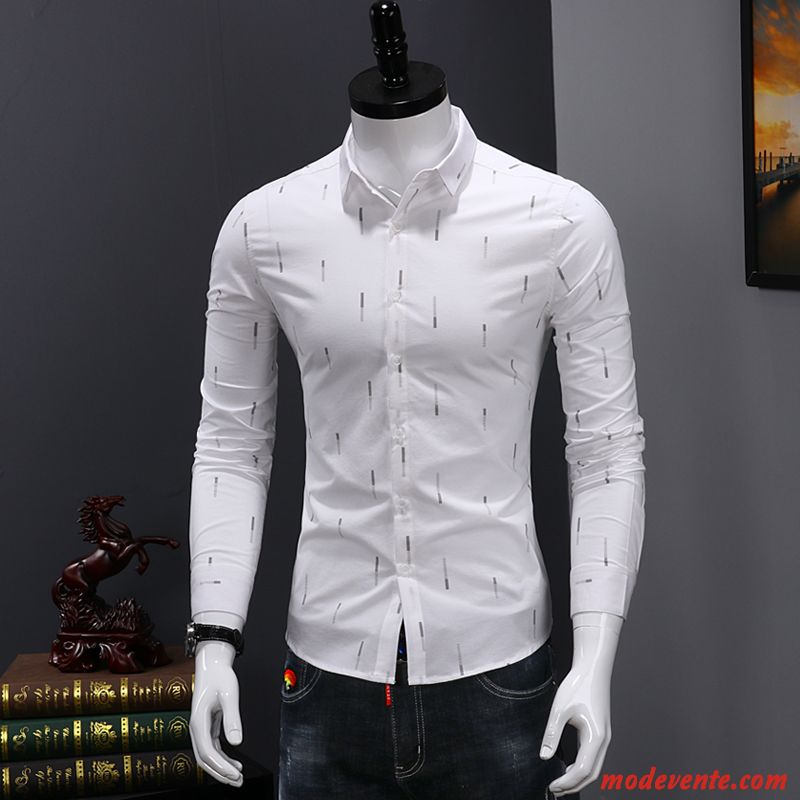 Chemise Homme De Travail Slim Tendance Longues Décontractée Jeunesse Impression Blanc Vert