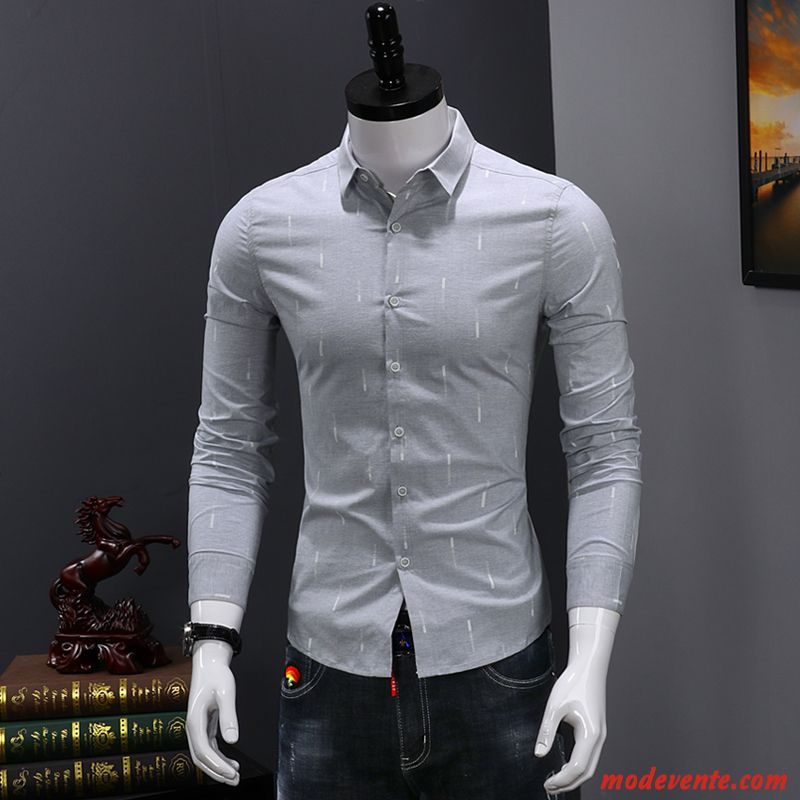 Chemise Homme De Travail Slim Tendance Longues Décontractée Jeunesse Impression Blanc Vert