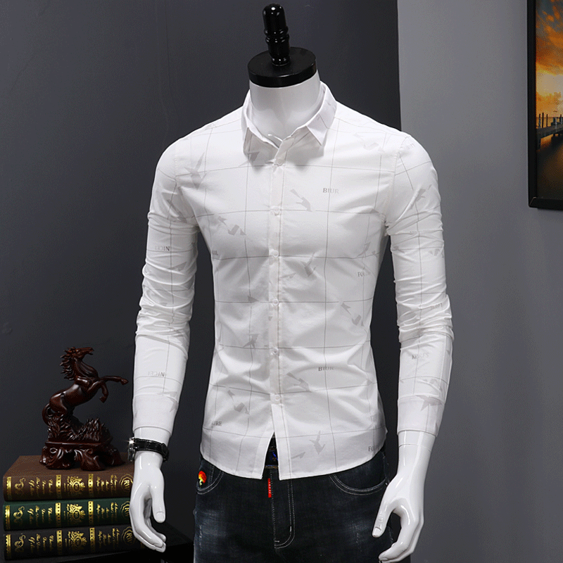 Chemise Homme De Travail Slim Tendance Longues Décontractée Jeunesse Impression Blanc Vert