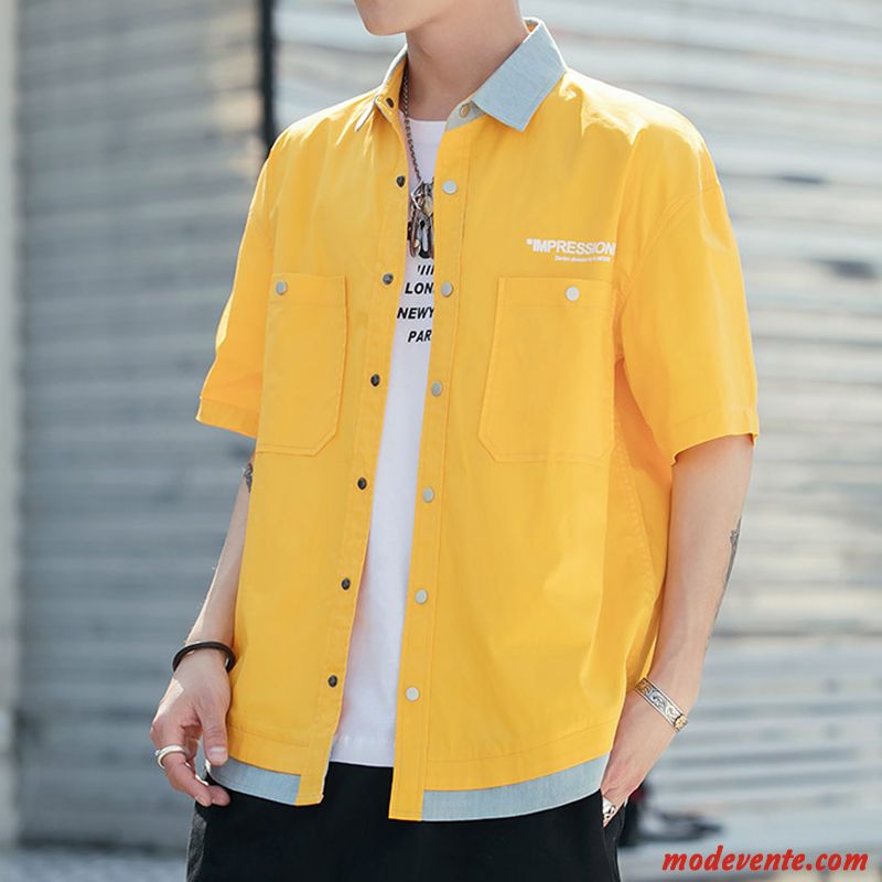 Chemise Homme Demi Manche Chemisette Baggy Tendance Beau Slim Blanc Rouge Jaune