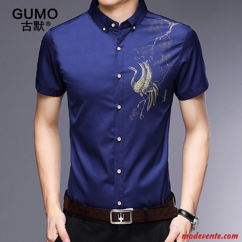 Chemise Homme Décontractée Beau Mince Courte Tendance Été Impression Bleu