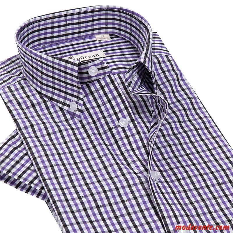 Chemise Homme Décontractée Carreaux Slim Été Courte Légère Violet