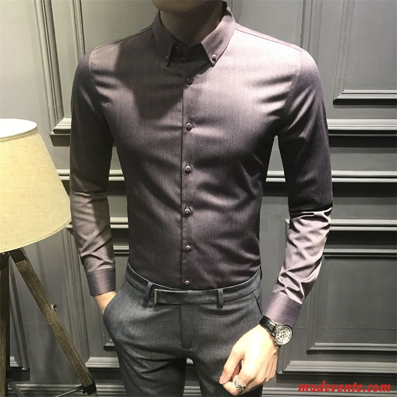 Chemise Homme Décontractée Tendance Longues Beau L'automne Slim Pure Noir Violet Foncé