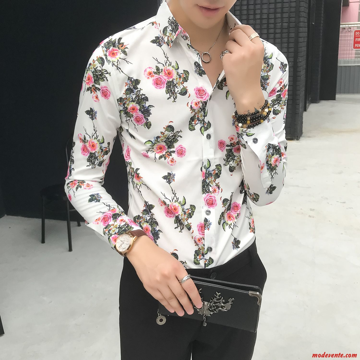 Chemise Homme Fleur Tendance Beau Floral Longues Slim Blanc