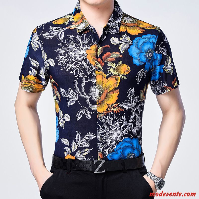 Chemise Homme Fleur Tendance Été Fleurs Courte Plage Impression Coloré