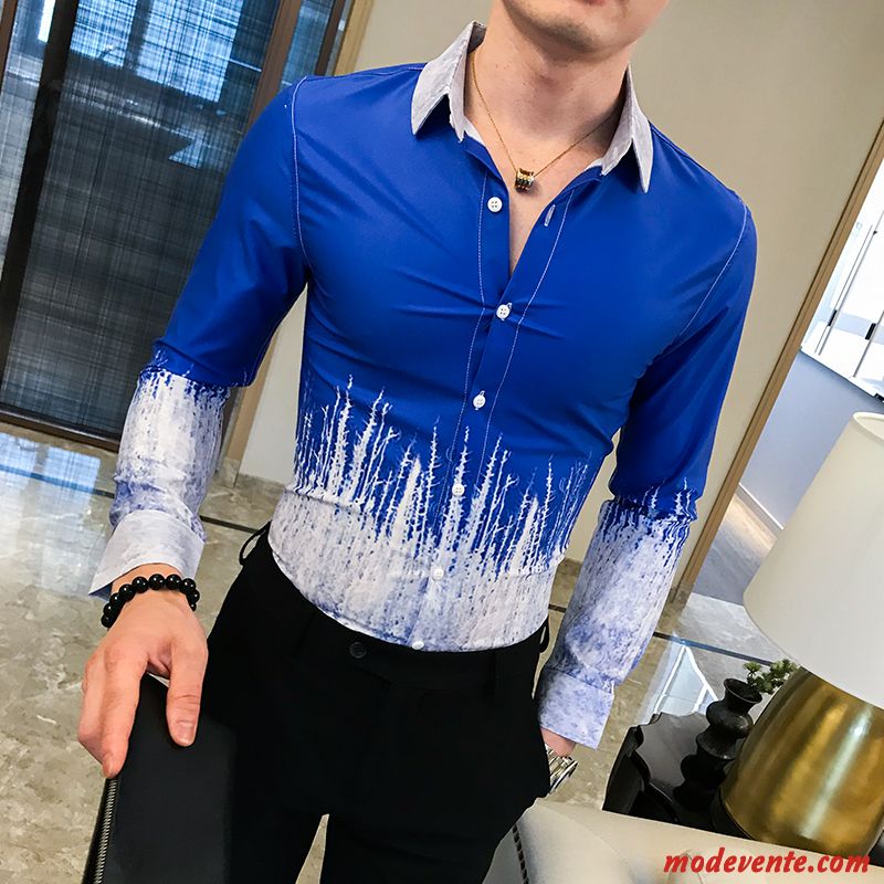 Chemise Homme L'automne Slim Longues Fleur Personnalité Épissure Impression Bleu Rouge