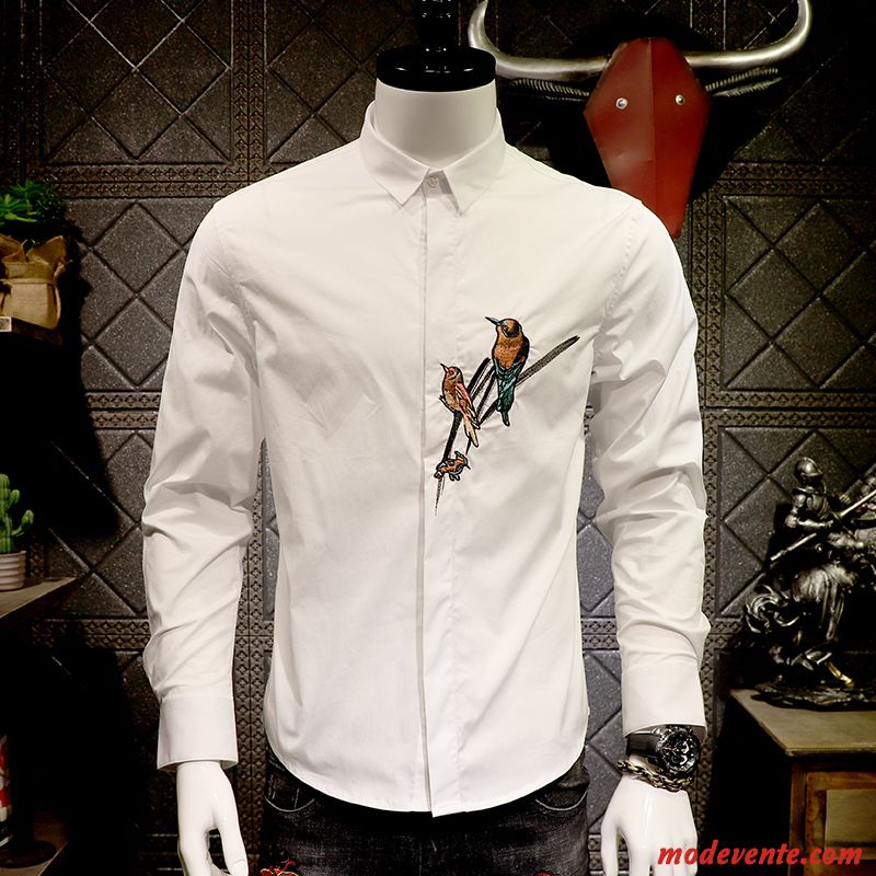 Chemise Homme Longues Personnalité Oiseau Beau Tendance Décontractée Blanc