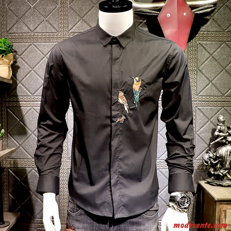 Chemise Homme Longues Personnalité Oiseau Beau Tendance Décontractée Blanc