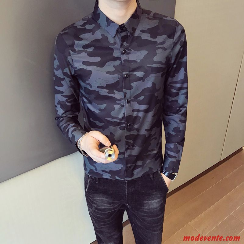 Chemise Homme Longues Tendance Personnalité Camouflage Impression Rouge Vert