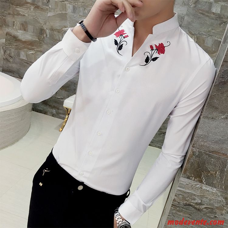 Chemise Homme Légère Printemps Jeunesse Slim Brodé Longues Blanc