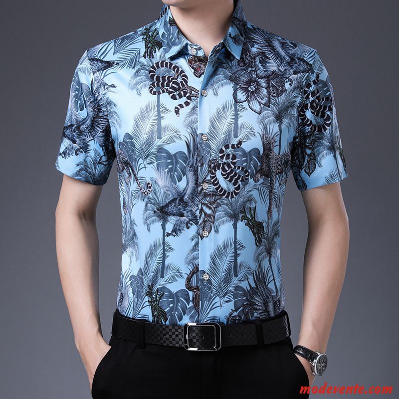 Chemise Homme Léopard Été Fleur Mode Modèle Animal Impression Bleu