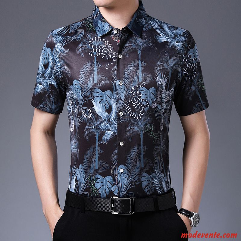 Chemise Homme Léopard Été Fleur Mode Modèle Animal Impression Bleu