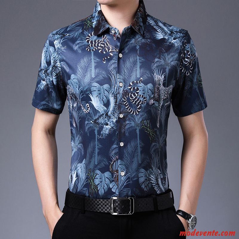 Chemise Homme Léopard Été Fleur Mode Modèle Animal Impression Bleu