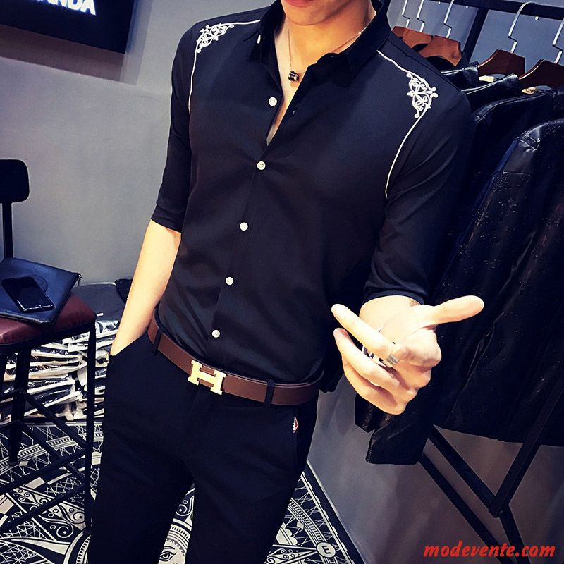 Chemise Homme Manche Courte Beau Slim Une Veste Tendance Noir