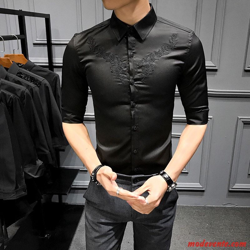 Chemise Homme Manche Courte Beau Slim Une Veste Tendance Noir