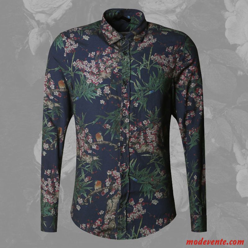 Chemise Homme Mode L'automne Jeunesse Longues Slim Fleur Impression Bleu Foncé