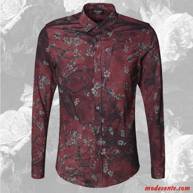 Chemise Homme Mode L'automne Jeunesse Longues Slim Fleur Impression Bleu Foncé