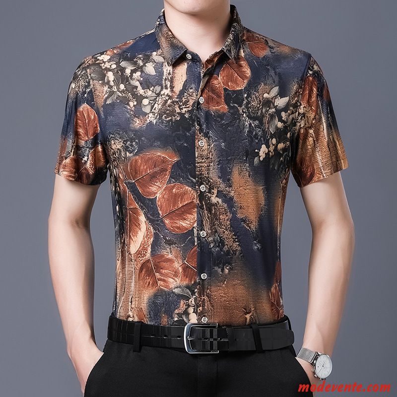 Chemise Homme Mode Été Personnalité Courte Modèle Fleur Impression Or