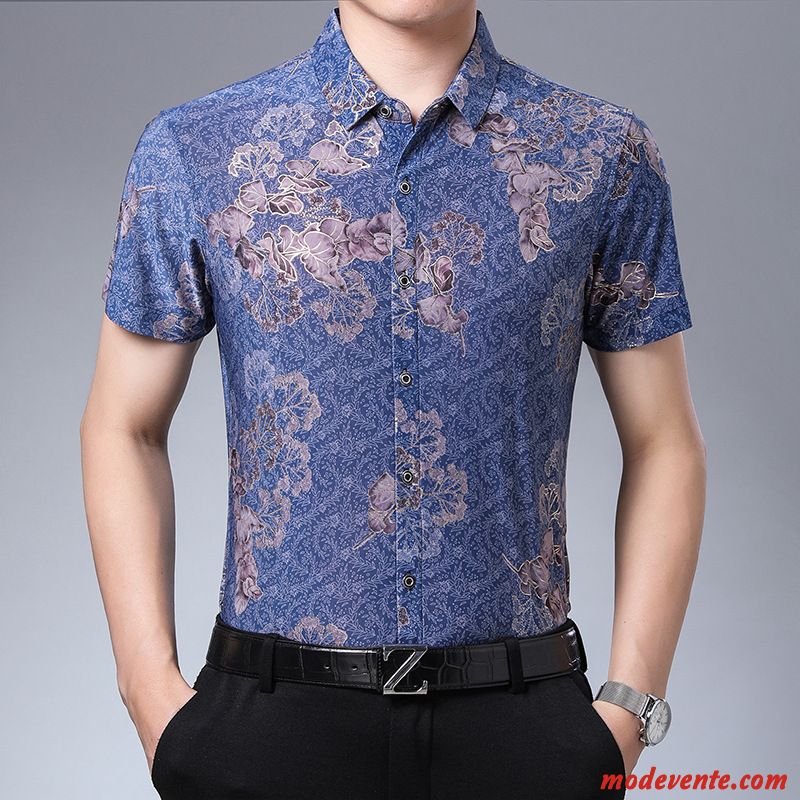 Chemise Homme Modèle Floral Courte Jeunesse Été Fleur Impression Bleu Or