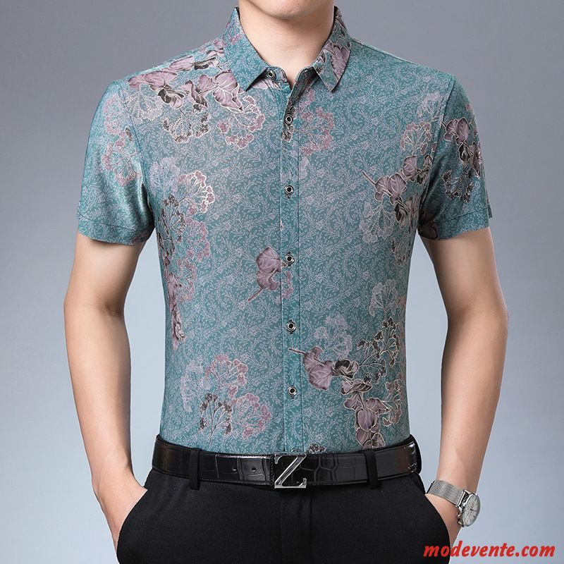 Chemise Homme Modèle Floral Courte Jeunesse Été Fleur Impression Bleu Or