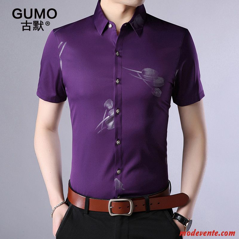 Chemise Homme Outwear Tendance Chemisette Décontractée Mince Beau Impression Violet