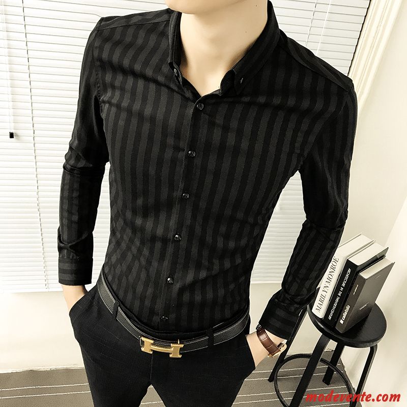 Chemise Homme Printemps Rayé Tendance Beau Décontractée Longues Noir