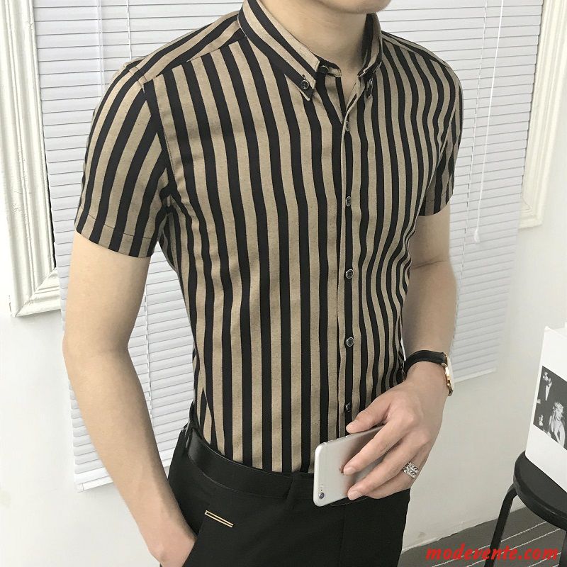 Chemise Homme Printemps Rayé Tendance Beau Décontractée Longues Noir