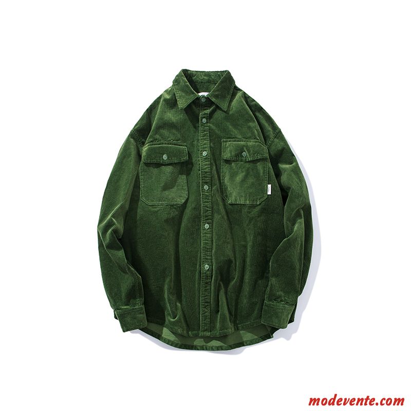 Chemise Homme Revers Roulé Baggy Velours Côtelé Longues Décontractée Une Veste Vert Foncé Pure