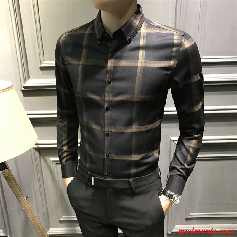 Chemise Homme Slim Décontractée Britanique Beau Mode Carreaux Brun