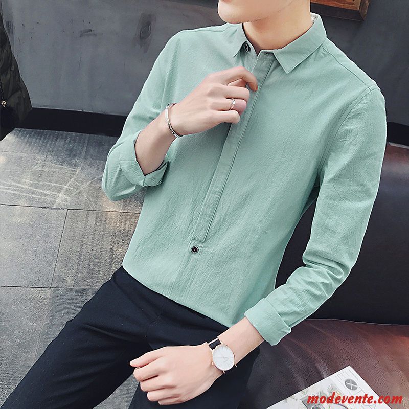 Chemise Homme Slim Décontractée Été Tendance Longues Manche Blanc Vert