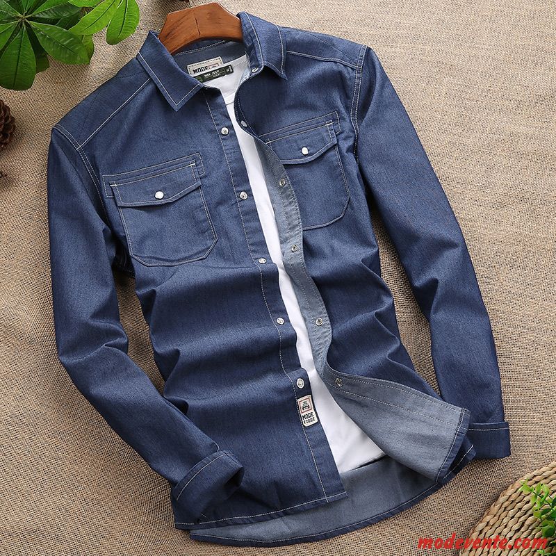 Chemise Homme Slim Une Veste Denim Printemps Jeunesse Légère Pure Bleu