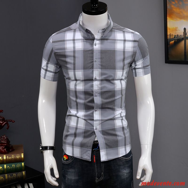 Chemise Homme Tendance Beau Courte Slim Été Décontractée Impression Blanc