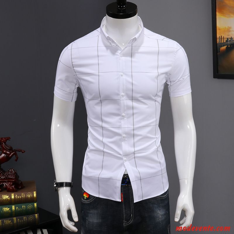 Chemise Homme Tendance Beau Courte Slim Été Décontractée Impression Blanc