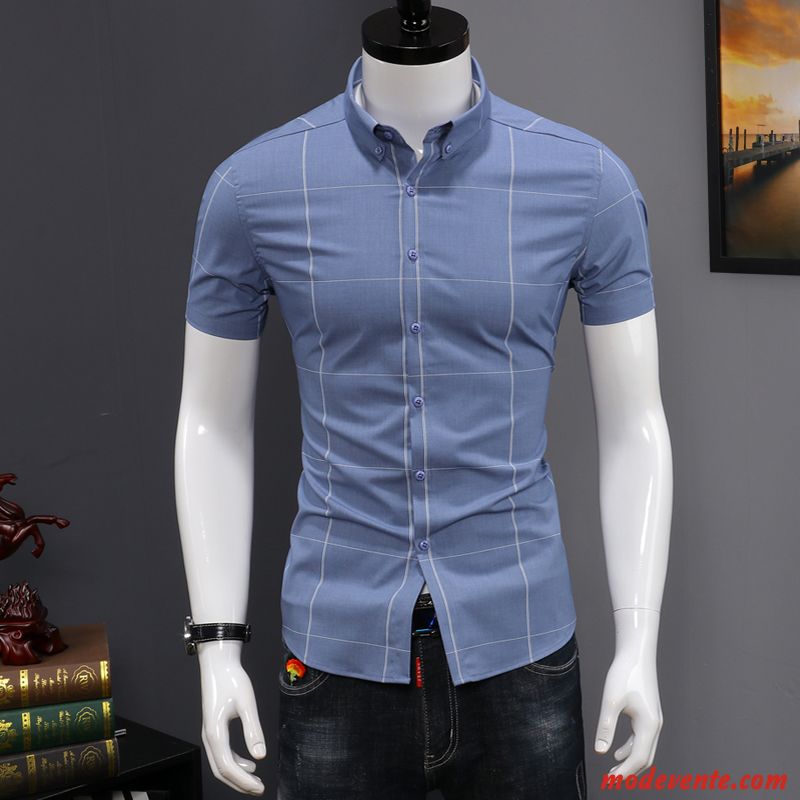 Chemise Homme Tendance Beau Courte Slim Été Décontractée Impression Blanc