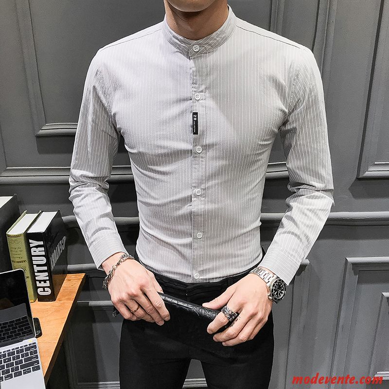 Chemise Homme Tendance Britanique Longues Slim Printemps De Travail Bleu