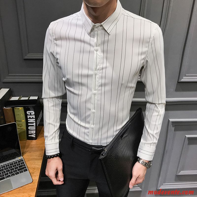 Chemise Homme Tendance Britanique Longues Slim Printemps De Travail Bleu