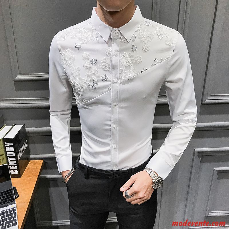 Chemise Homme Tendance Britanique Longues Slim Printemps De Travail Bleu