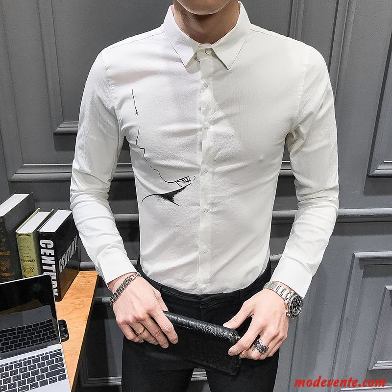 Chemise Homme Tendance Britanique Longues Slim Printemps De Travail Bleu