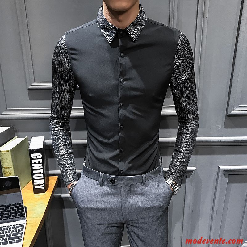 Chemise Homme Tendance Britanique Longues Slim Printemps De Travail Bleu