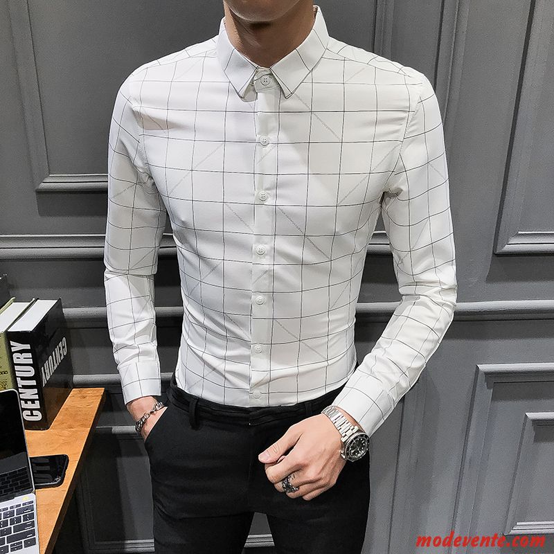 Chemise Homme Tendance Britanique Longues Slim Printemps De Travail Bleu